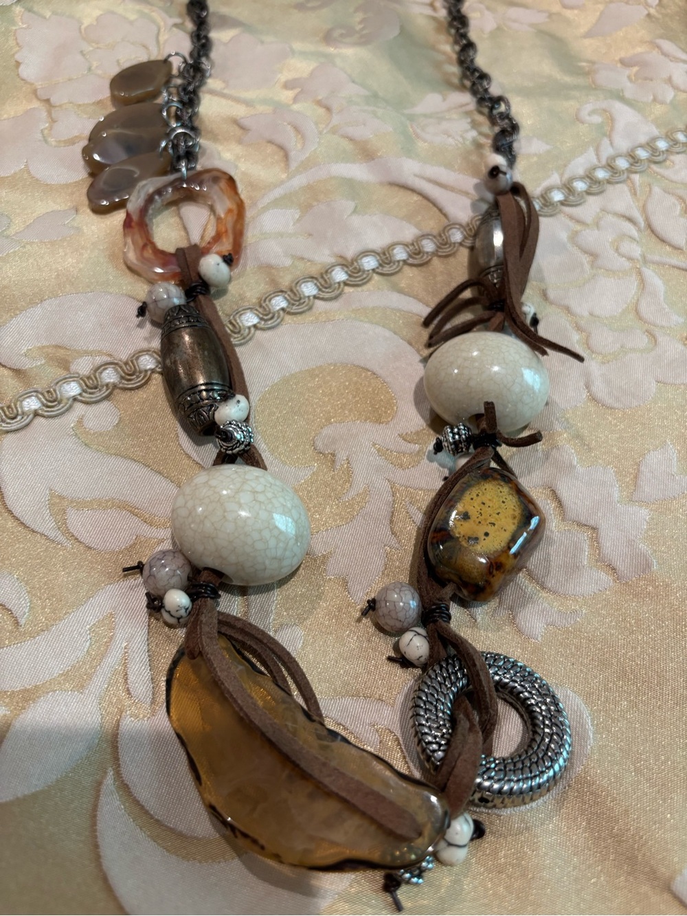 Boho Chic Brown and Cream Stone Pendant Necklace - Unbranded